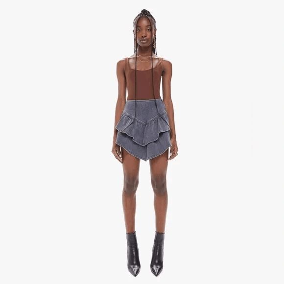 MOTHER Dig Up Dirt Gray Denim The Ruffle Tiered Mini Skirt Women's Size 27 - Picture 1 of 7
